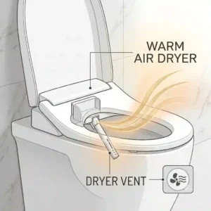 Graphic illustration showing the warm air stream of an electronic air drying bidet.