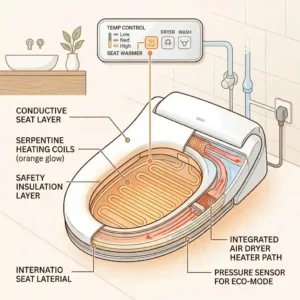 A detailed diagram showing the internal heating technology and safe coils inside a bidet toilet seat warmer