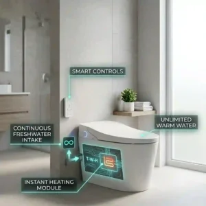 "A 300x300 square technical diagram illustrating how a tankless bidet draws water directly from the main supply line and heats it instantly, contrasting with traditional models."