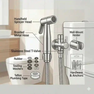 A complete stainless steel bidet installation kit showing the T-valve adapter, hose, sprayer, and mounting bracket.