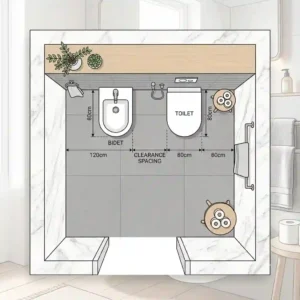 An architectural floor plan for a bathroom with bidet and toilet.