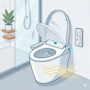 Diagram highlighting the adjustable heated seat and water temperature settings on an auto bidet toilet.