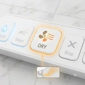 Close-up of a smart bidet remote control highlighting the air drying bidet feature.