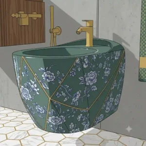 Close-up of a designer bidet artistic aesthetic with intricate floral ceramic patterns.