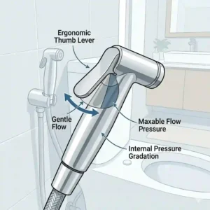 Close-up illustration highlighting the thumb-activated spray lever on an ergonomic bidet handle for easy pressure control.
