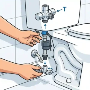 Line drawing showing how to shut off the water supply and connect the T-valve to the toilet tank fill valve.