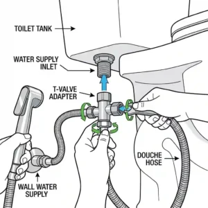 Illustrated step-by-step guide on how to connect a douche for toilet to the water supply.