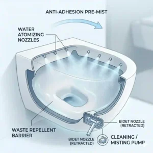 A diagram highlighting the different wash modes, spray patterns, and water pressure levels of a self cleaning toilet with bidet.