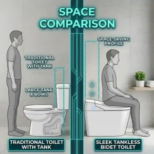 "A 300x300 square comparison illustration highlighting the space-saving design and low-profile of a tankless bidet toilet versus a traditional model with a bulky tank."