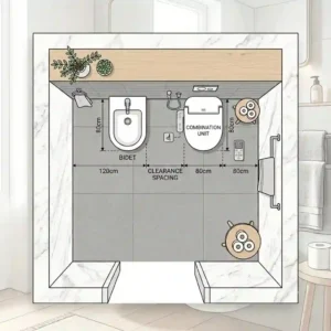 Illustration of a smart bathroom with bidet and toilet combo unit.