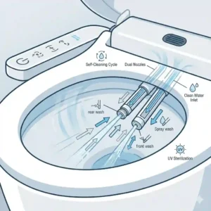 Technical illustration of the self-cleaning dual nozzle system inside an auto bidet toilet bowl.