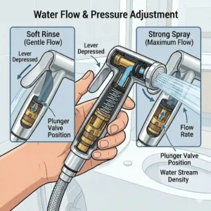 Graphic showing how adjusting the bidet handle lever shifts the water stream from a soft rinse to a strong spray.