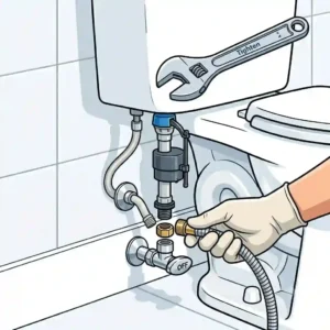 Illustration demonstrating attaching the flexible stainless steel hose to the diaper sprayer for toilet bracket.