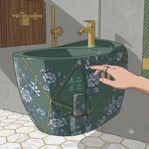 A smart technology model showcasing a designer bidet artistic aesthetic with digital touch controls.