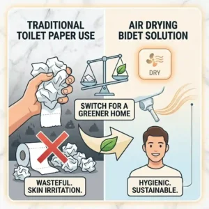 Infographic illustrating toilet paper savings and eco-friendly benefits of using an air drying bidet.