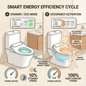 An infographic illustrating the energy-saving eco mode functions of a smart bidet toilet seat warmer