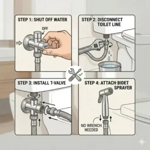 A step-by-step illustration showing how to install stainless steel bidet T-valve to the toilet water supply line.