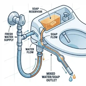 A step-by-step installation guide diagram showing how to connect a bidet with soap dispenser to the water supply.