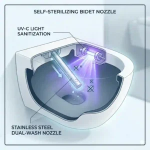 Close-up illustration of a stainless steel dual-wash nozzle retracting into a UV sterilization chamber inside a self cleaning toilet with bidet