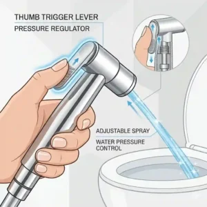 Close-up illustration of the adjustable pressure trigger on a douche for toilet.