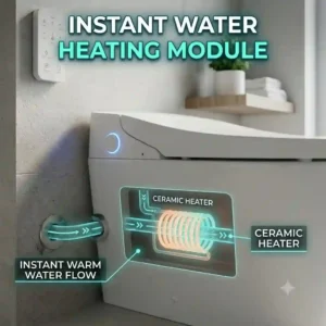 "A 300x300 square technical illustration showcasing the internal ceramic heating element that provides instant and continuous warm water flow in a tankless bidet toilet."