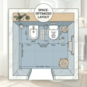 Design tips for a small bathroom with bidet and toilet arrangement.