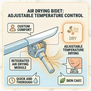 Diagram showing customizable temperature settings for a smart air drying bidet.