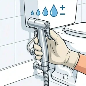 Diagram showing a hand adjusting the water pressure lever on a cloth diaper sprayer for toilet use.