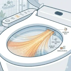 Illustration explaining the integrated warm air dryer function of an electronic auto bidet toilet.