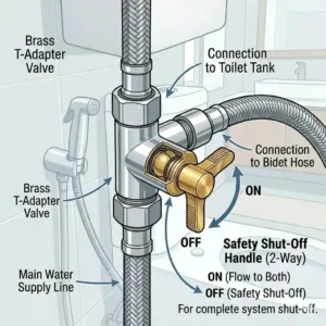 Line art diagram of a brass T-valve adapter with a safety shut-off handle connected to a toilet water supply line.