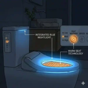 A bidet toilet seat warmer with an integrated blue LED nightlight illuminating a dark bathroom.