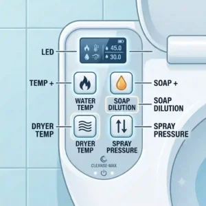 A top-down view of the bidet with soap dispenser control panel, highlighting the soap dilution and water temperature settings.