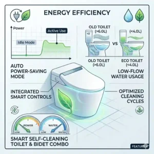An infographic showing the eco-friendly features, energy-saving mode, and low-flow water usage of a smart self cleaning toilet with bidet.
