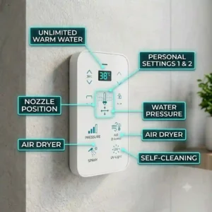 : "A detailed 300x300 square illustration of a smart tankless bidet remote control interface, showing distinct icons and displays for adjusting water temperature, pressure, nozzle position, and air dryer settings."