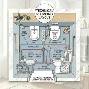 Plumbing installation diagram for a bathroom with bidet and toilet.