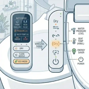 Graphic layout of a wireless remote control panel for adjusting auto bidet toilet water pressure and spray modes.