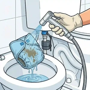 Illustration of using a handheld diaper sprayer over the toilet bowl to rinse a dirty cloth diaper cleanly.