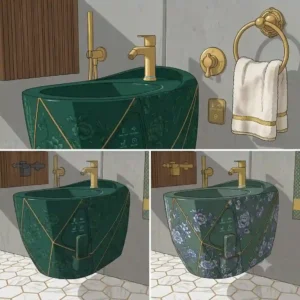 A designer bidet artistic aesthetic setup highlighted by premium gold metallic bathroom fixtures.