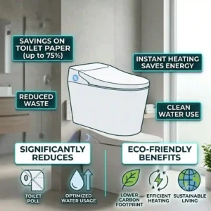 "A 300x300 square infographic illustrating the eco-friendly benefits of a tankless bidet, showing icons for reduced toilet paper waste, saved water, and efficient heating."