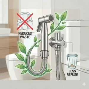 A graphic illustration showing how an eco-friendly stainless steel bidet reduces toilet paper consumption and waste.