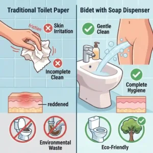 A graphic comparing the hygiene levels of using dry toilet paper versus washing with a bidet with soap dispenser.