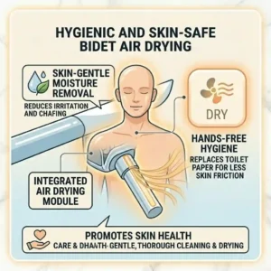 Illustration depicting the hands-free hygiene and skin care benefits of an air drying bidet.