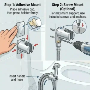 Step-by-step graphic illustrating how to mount the bidet handle holster onto the wall or the side of the toilet tank.