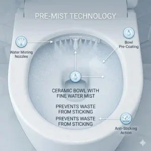 Illustration of the anti-adhesion pre-mist technology coating the ceramic bowl of a modern self cleaning toilet with bidet