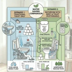 Eco-friendly benefits in a bathroom with bidet and toilet comparison.