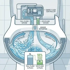Illustration detailing the automatic dual flush and water-saving mechanism of an eco-friendly auto bidet toilet.