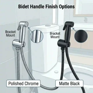 Side-by-side product view of matching bidet handle sprayers in polished chrome and matte black finishes.