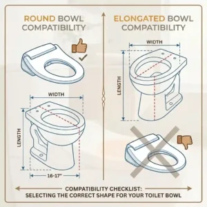 A size compatibility chart comparing round and elongated shapes for a bidet toilet seat warmer.