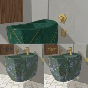 A wall-mounted designer bidet artistic aesthetic designed for space-saving luxury bathrooms.