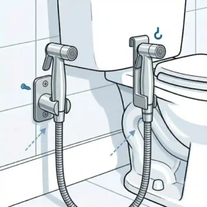 Diagram showcasing dual mounting options for the sprayer holder on either the diaper sprayer for toilet tank wall or bathroom wall.